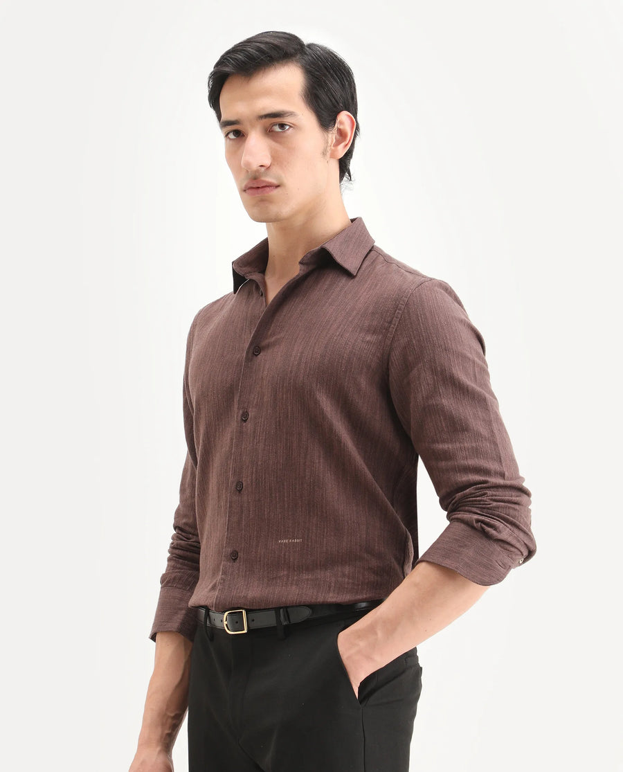 Rare Rabbit Men's Mysa Brown Cotton Fabric Spread Collar Regular Fit Textured Shirt