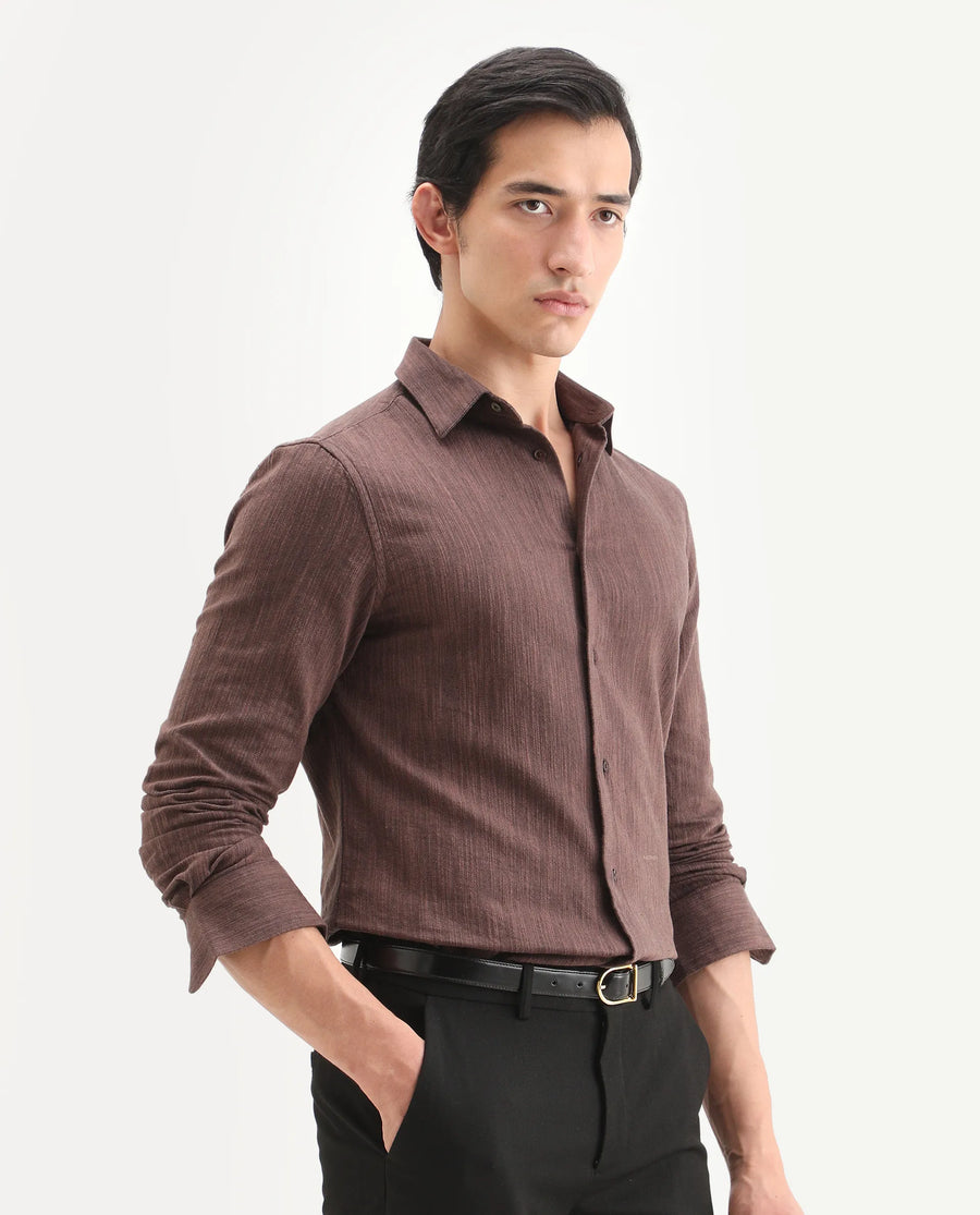 Rare Rabbit Men's Mysa Brown Cotton Fabric Spread Collar Regular Fit Textured Shirt