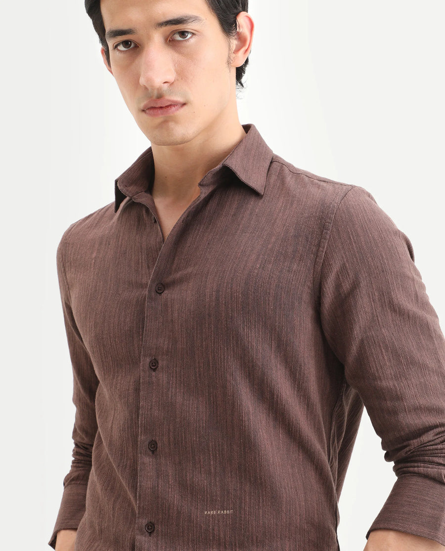 Rare Rabbit Men's Mysa Brown Cotton Fabric Spread Collar Regular Fit Textured Shirt