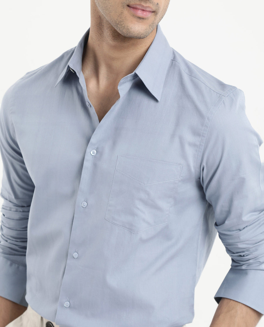 Rare Rabbit Men's Myte Light Blue Cotton Checked Print Regular Fit Full Sleeve Collared Shirt
