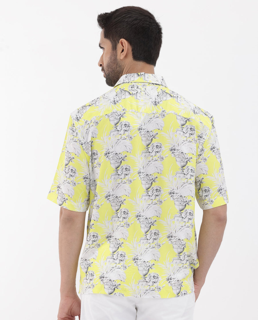 Rare Rabbit Men's Mackle Yellow Viscose Decorative Print Boxy Fit Half Sleeve Collared Shirt