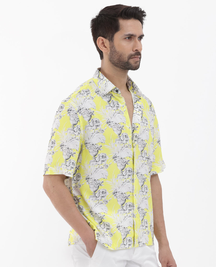 Rare Rabbit Men's Mackle Yellow Viscose Decorative Print Boxy Fit Half Sleeve Collared Shirt