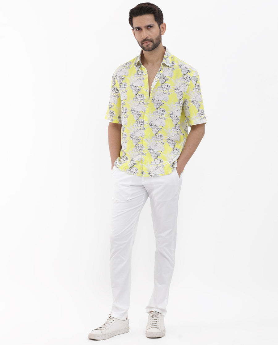 Rare Rabbit Men's Mackle Yellow Viscose Decorative Print Boxy Fit Half Sleeve Collared Shirt