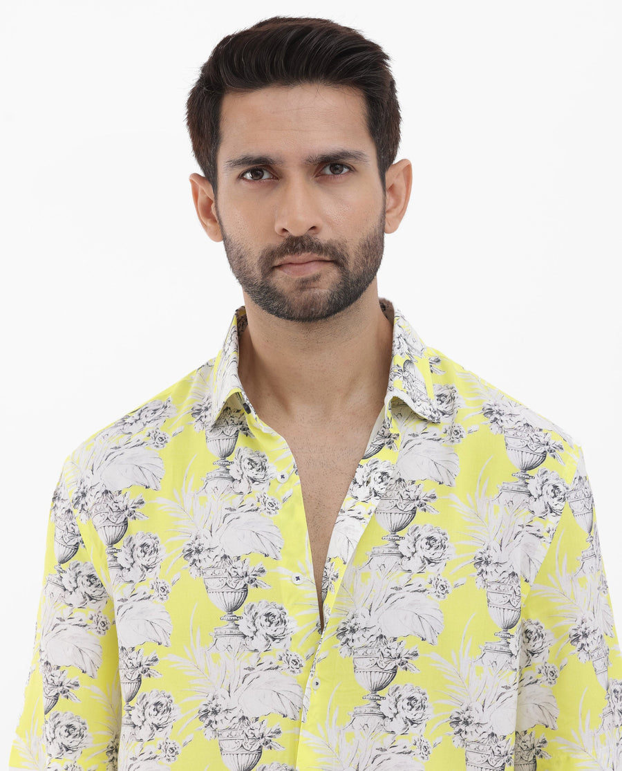 Rare Rabbit Men's Mackle Yellow Viscose Decorative Print Boxy Fit Half Sleeve Collared Shirt