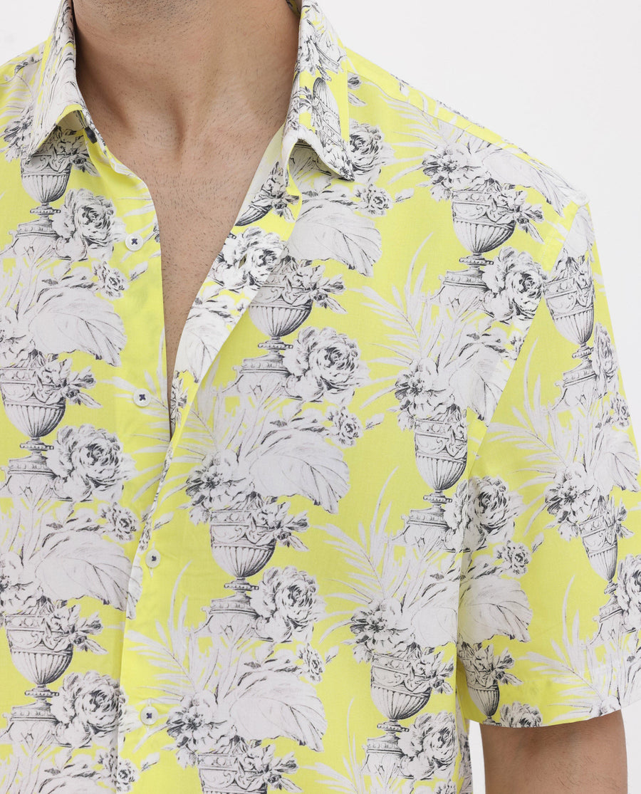 Rare Rabbit Men's Mackle Yellow Viscose Decorative Print Boxy Fit Half Sleeve Collared Shirt