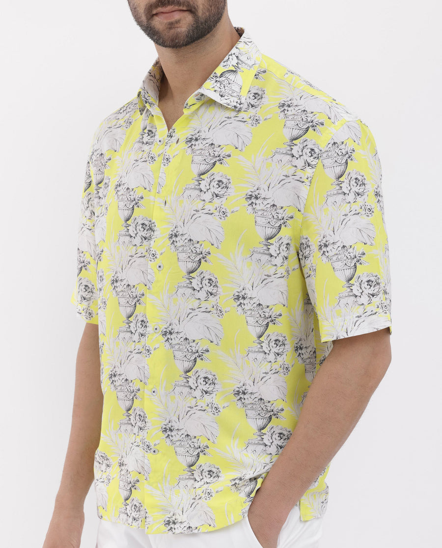 Rare Rabbit Men's Mackle Yellow Viscose Decorative Print Boxy Fit Half Sleeve Collared Shirt