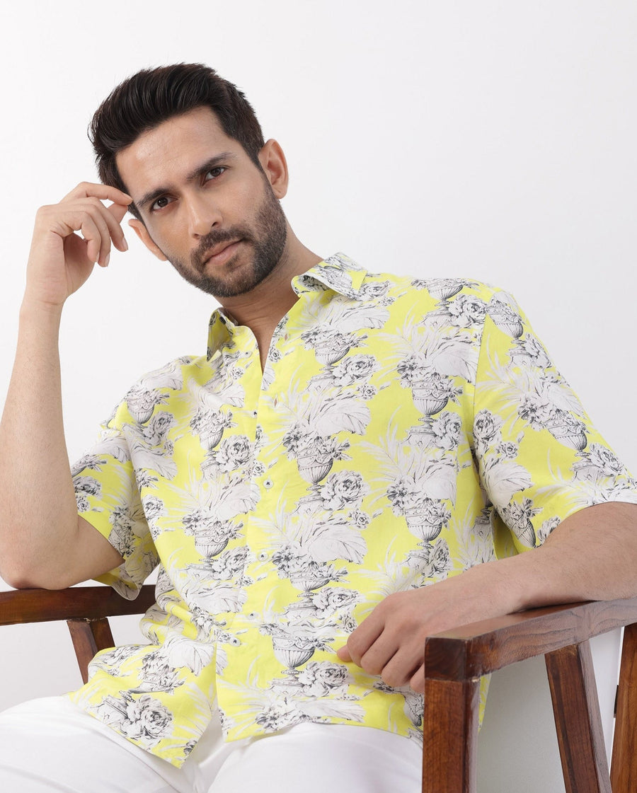 Rare Rabbit Men's Mackle Yellow Viscose Decorative Print Boxy Fit Half Sleeve Collared Shirt