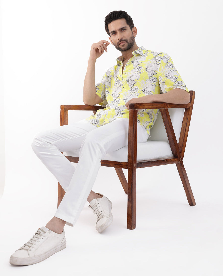 Rare Rabbit Men's Mackle Yellow Viscose Decorative Print Boxy Fit Half Sleeve Collared Shirt