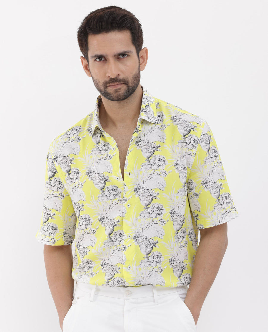 Rare Rabbit Men's Mackle Yellow Viscose Decorative Print Boxy Fit Half Sleeve Collared Shirt