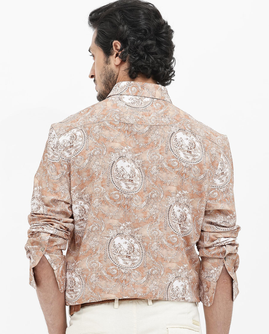 Rare Rabbit Men's Meridin Beige Viscose Decorative Print Regular Fit Full Sleeve Collared Shirt
