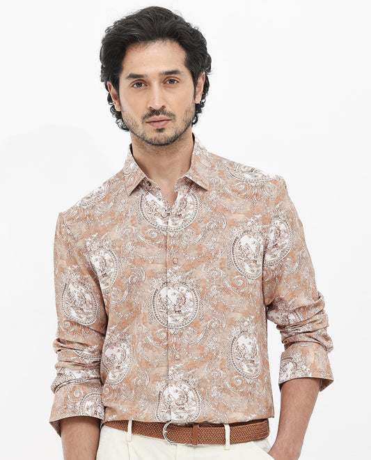 Rare Rabbit Men's Meridin Beige Viscose Decorative Print Regular Fit Full Sleeve Collared Shirt