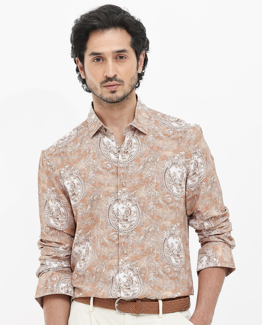 Rare Rabbit Men's Meridin Beige Viscose Decorative Print Regular Fit Full Sleeve Collared Shirt