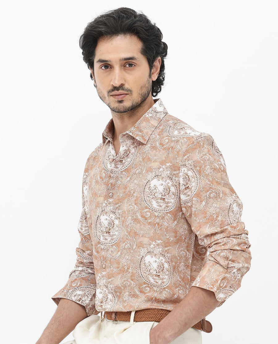 Rare Rabbit Men's Meridin Beige Viscose Decorative Print Regular Fit Full Sleeve Collared Shirt