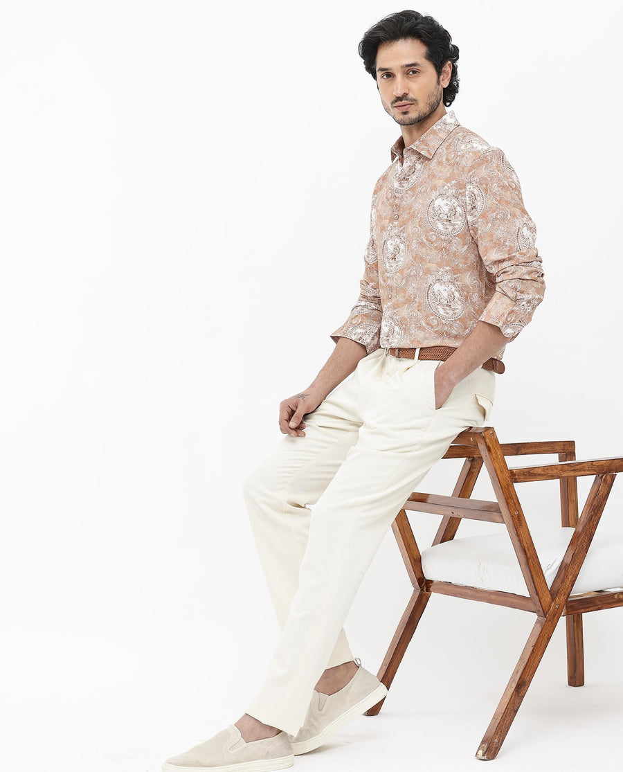 Rare Rabbit Men's Meridin Beige Viscose Decorative Print Regular Fit Full Sleeve Collared Shirt