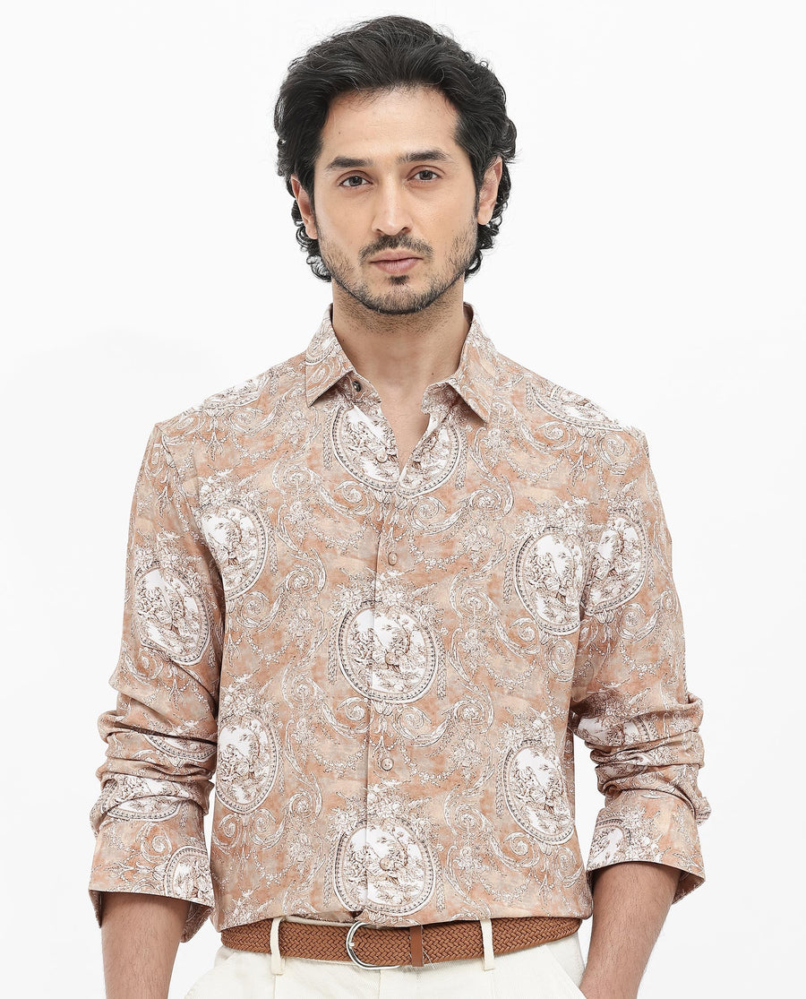 Rare Rabbit Men's Meridin Beige Viscose Decorative Print Regular Fit Full Sleeve Collared Shirt