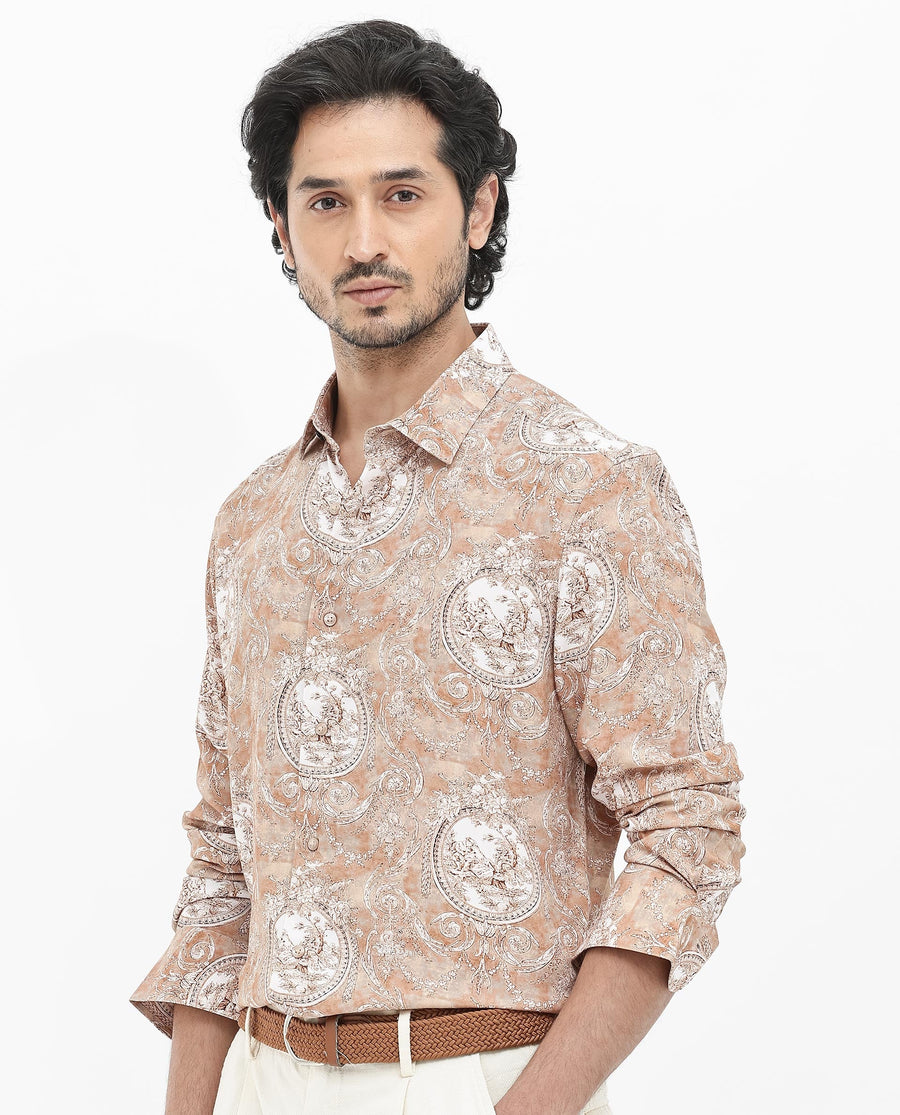 Rare Rabbit Men's Meridin Beige Viscose Decorative Print Regular Fit Full Sleeve Collared Shirt