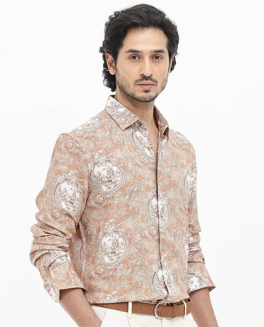 Rare Rabbit Men's Meridin Beige Viscose Decorative Print Regular Fit Full Sleeve Collared Shirt