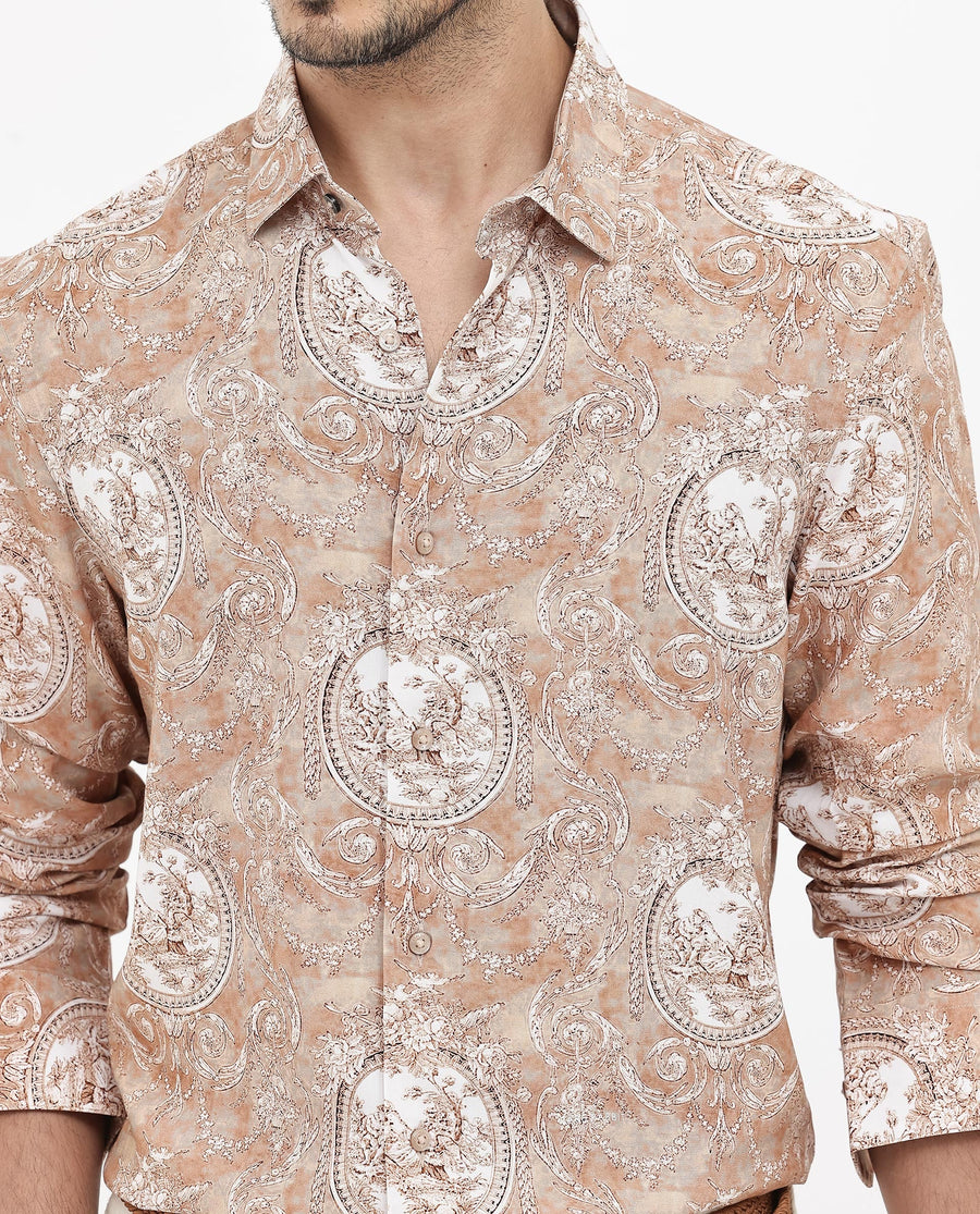 Rare Rabbit Men's Meridin Beige Viscose Decorative Print Regular Fit Full Sleeve Collared Shirt