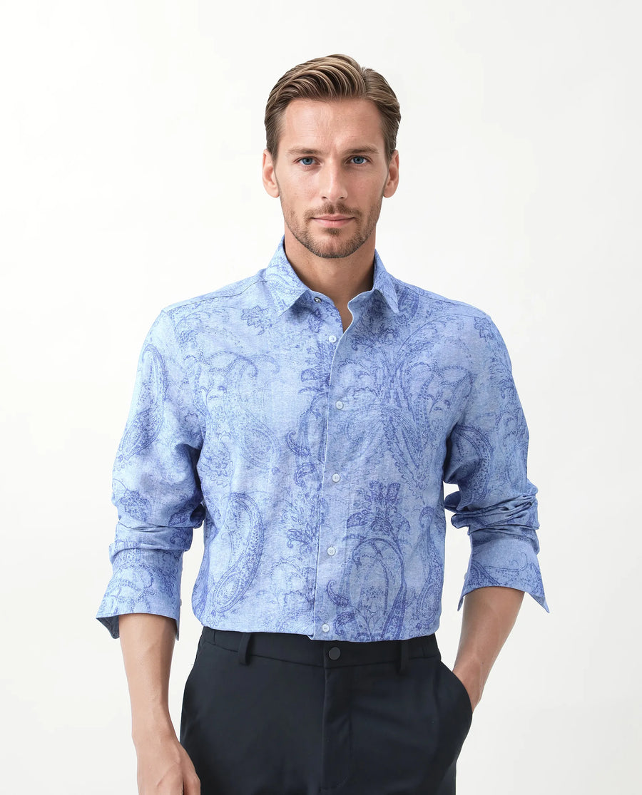 Rare Rabbit Men's Naci Light Blue Viscose Blend Paisley Print Regular Fit Full Sleeve Collared Shirt