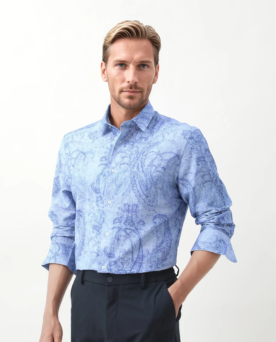 Rare Rabbit Men's Naci Light Blue Viscose Blend Paisley Print Regular Fit Full Sleeve Collared Shirt
