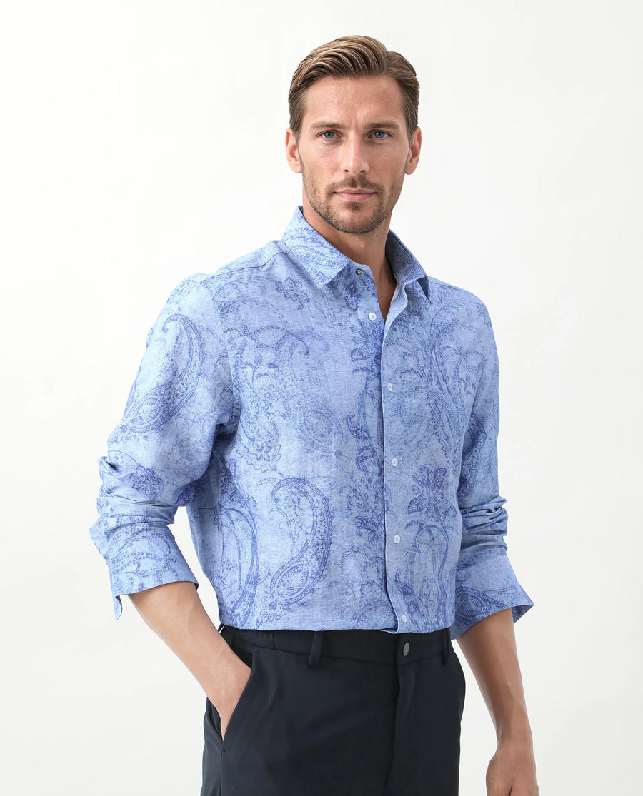 Rare Rabbit Men's Naci Light Blue Viscose Blend Paisley Print Regular Fit Full Sleeve Collared Shirt
