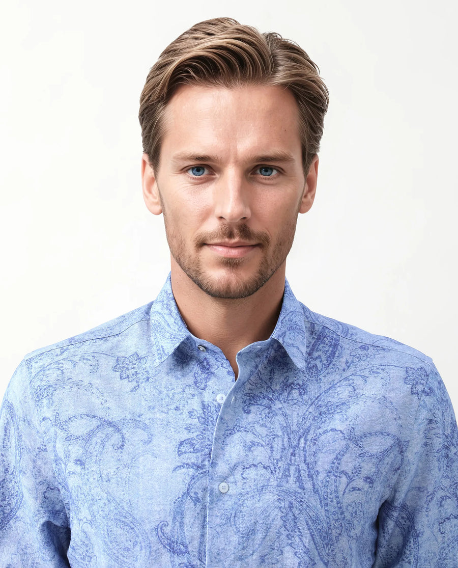 Rare Rabbit Men's Naci Light Blue Viscose Blend Paisley Print Regular Fit Full Sleeve Collared Shirt