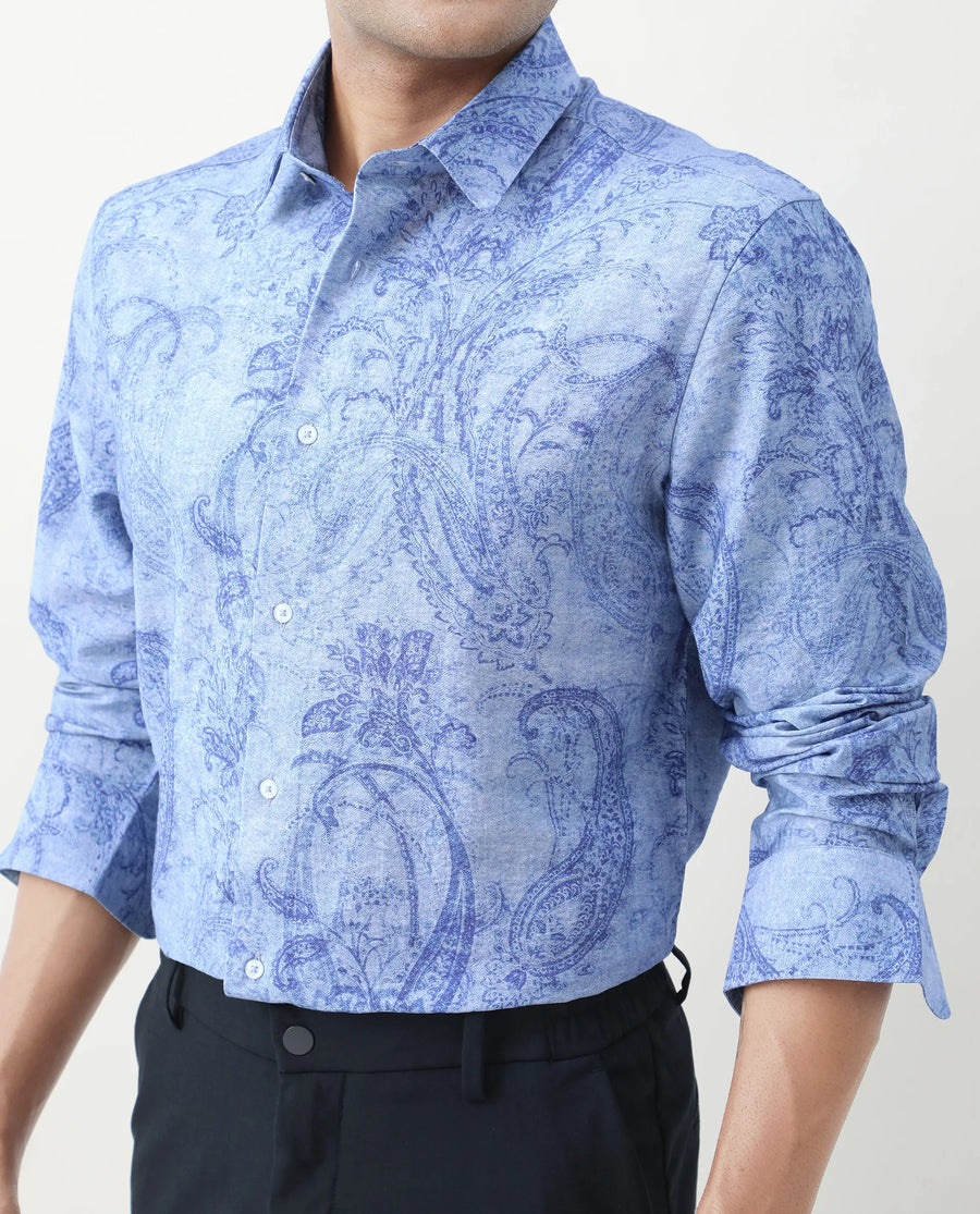 Rare Rabbit Men's Naci Light Blue Viscose Blend Paisley Print Regular Fit Full Sleeve Collared Shirt