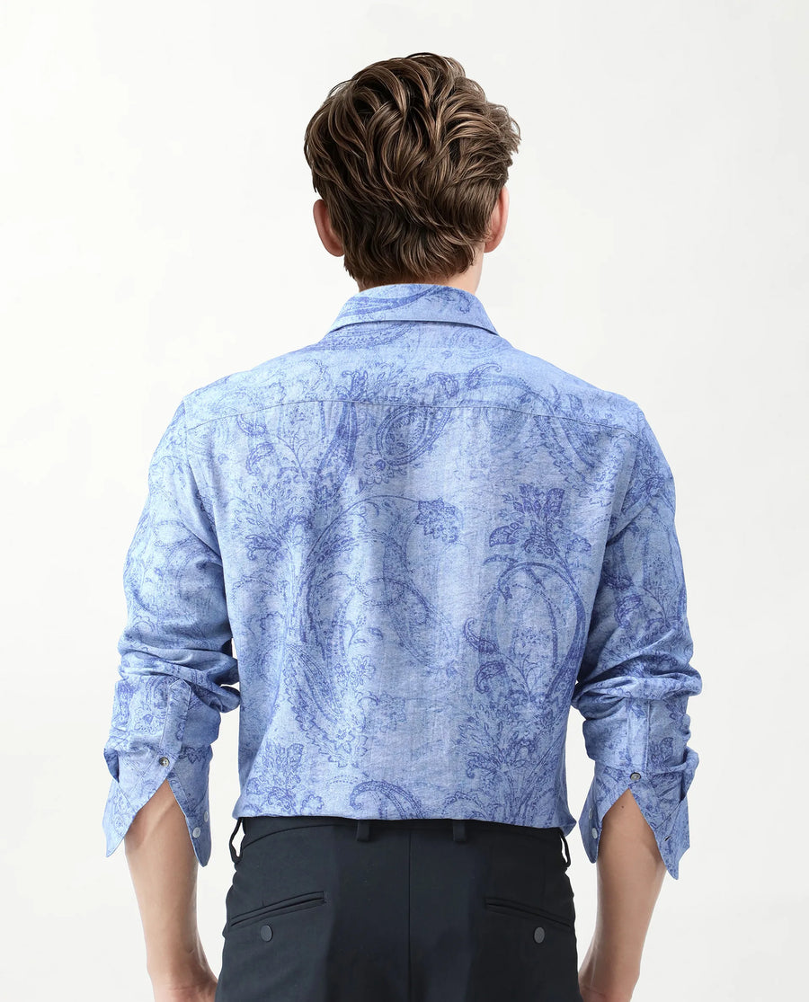 Rare Rabbit Men's Naci Light Blue Viscose Blend Paisley Print Regular Fit Full Sleeve Collared Shirt