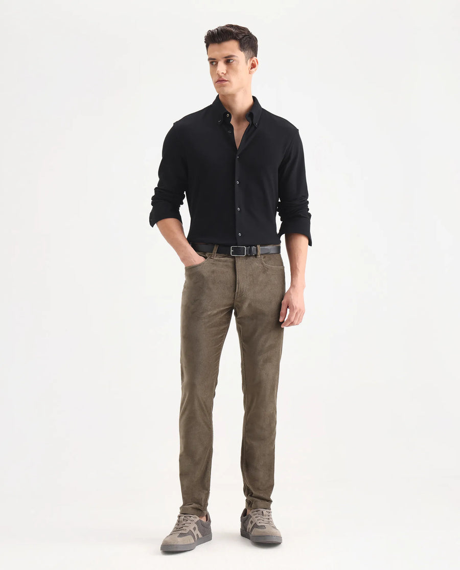 Rare Rabbit Men's Nahor Brown Cotton Plain Regular Fit Trouser