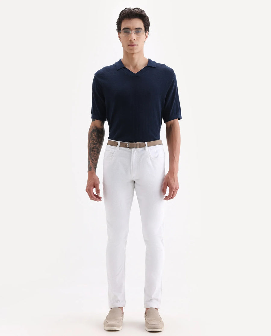 Rare Rabbit Men's Nahor White Cotton Plain Regular Fit Trouser