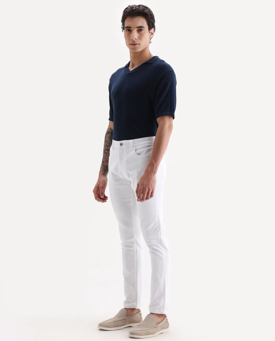 Rare Rabbit Men's Nahor White Cotton Plain Regular Fit Trouser