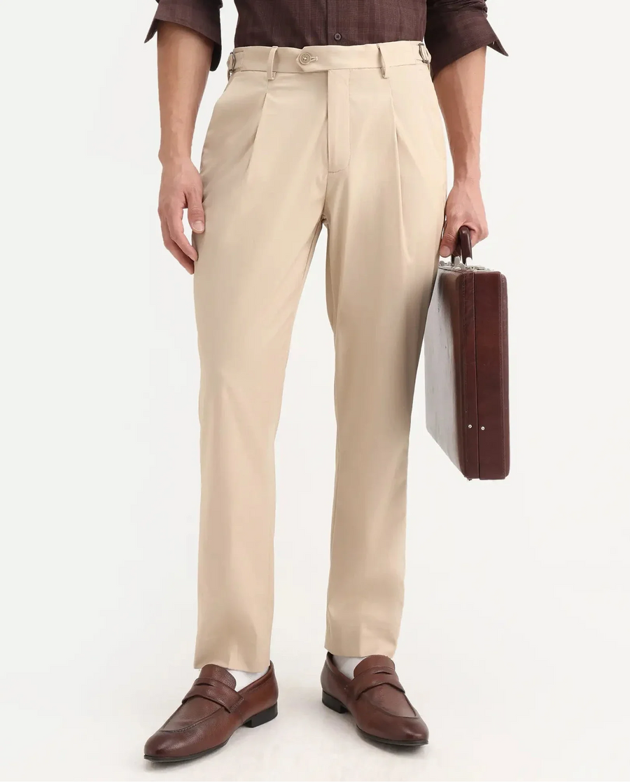 Rare Rabbit Men's Naji Beige Polyester Blend Plain Relaxed Fit Gurkha Trouser