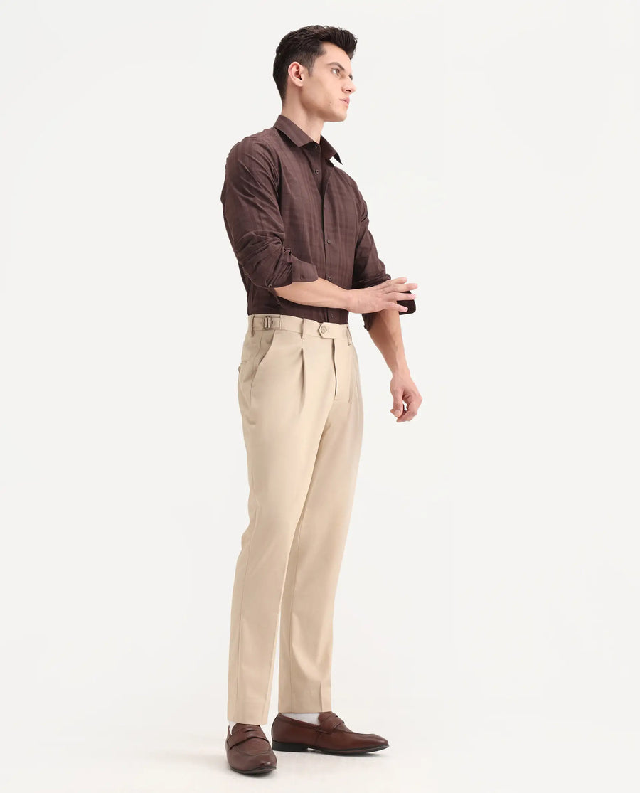 Rare Rabbit Men's Naji Beige Polyester Blend Plain Relaxed Fit Gurkha Trouser