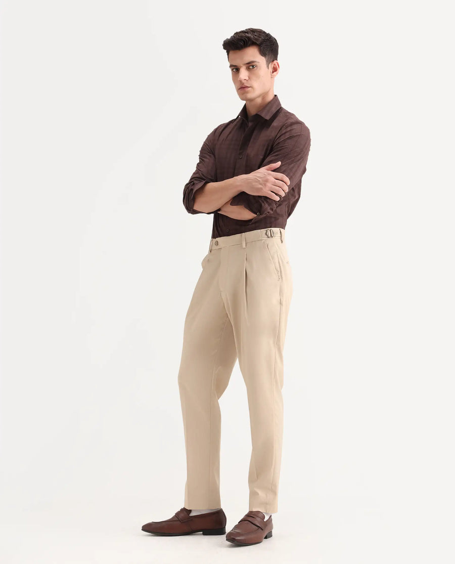 Rare Rabbit Men's Naji Beige Polyester Blend Plain Relaxed Fit Gurkha Trouser