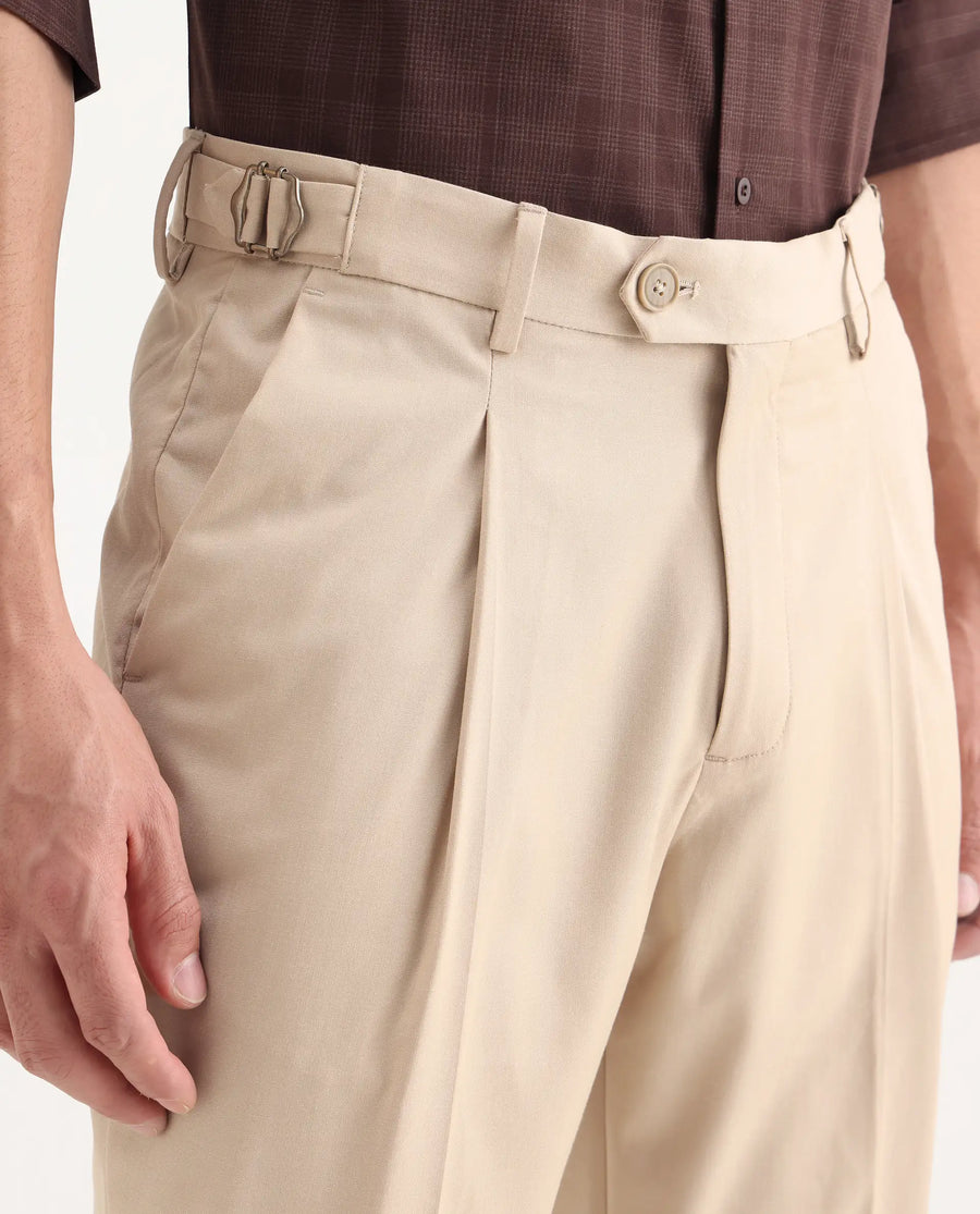 Rare Rabbit Men's Naji Beige Polyester Blend Plain Relaxed Fit Gurkha Trouser