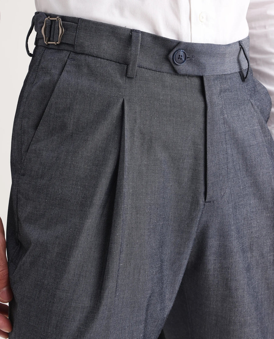 Rare Rabbit Men's Naji Blue Polyester Blend Plain Relaxed Fit Gurkha Trouser