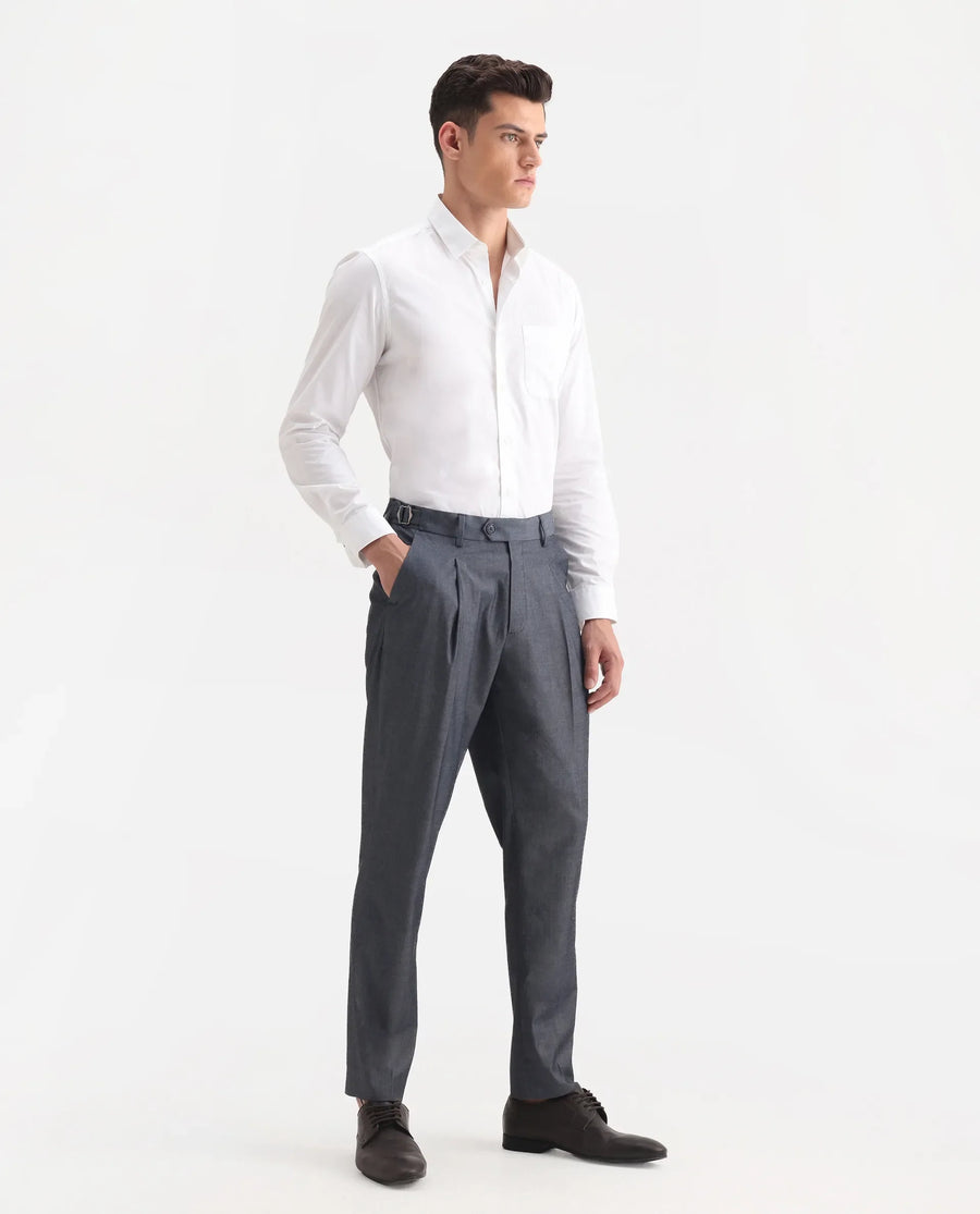 Rare Rabbit Men's Naji Blue Polyester Blend Plain Relaxed Fit Gurkha Trouser