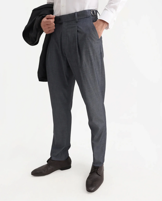 Rare Rabbit Men's Naji Blue Polyester Blend Plain Relaxed Fit Gurkha Trouser