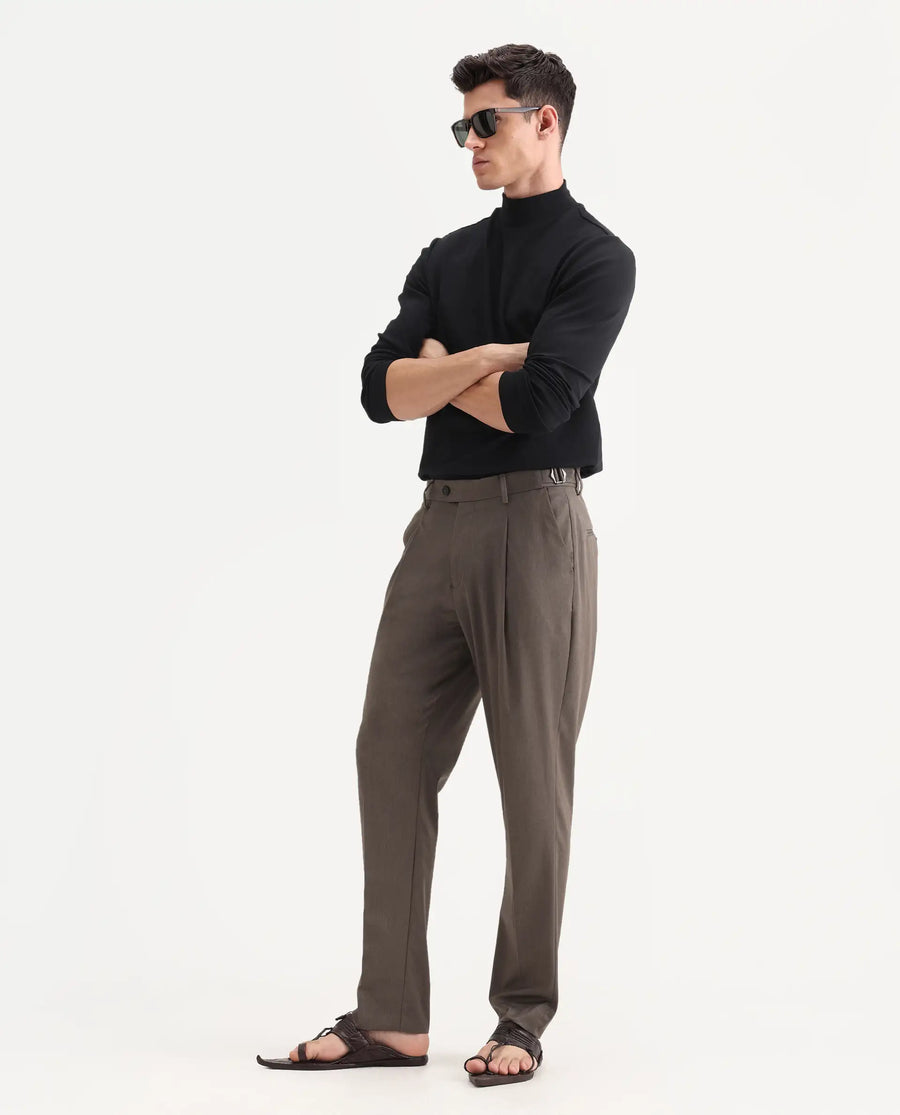 Rare Rabbit Men's Naji Dark Brown Polyester Blend Plain Relaxed Fit Gurkha Trouser