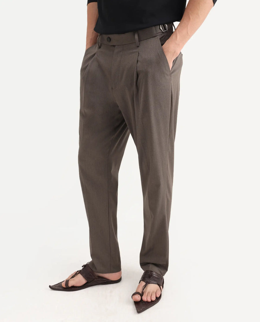 Rare Rabbit Men's Naji Dark Brown Polyester Blend Plain Relaxed Fit Gurkha Trouser