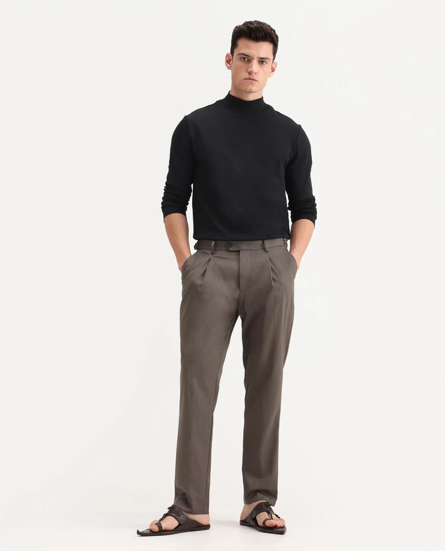 Rare Rabbit Men's Naji Dark Brown Polyester Blend Plain Relaxed Fit Gurkha Trouser