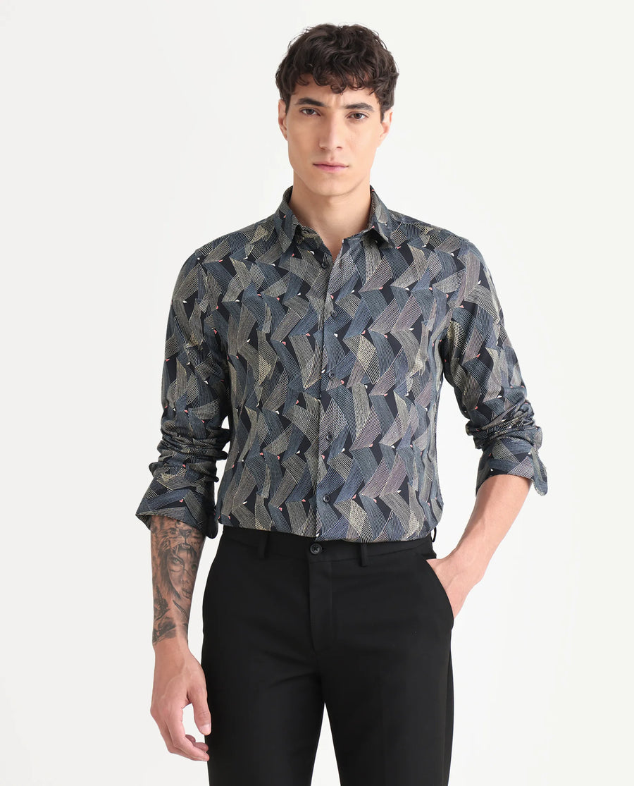 Rare Rabbit Men's Nant-25 Black Cotton Blend Geometric Print Regular Fit Full Sleeve Collared Shirt