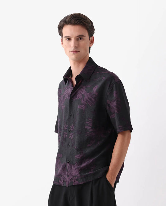 Rare Rabbit Men's Nao Black Cotton Blend Abstract Print Boxy Fit Half Sleeve Collared Shirt