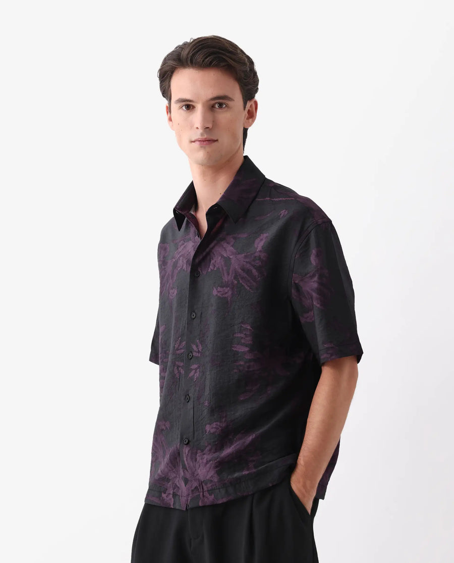 Rare Rabbit Men's Nao Black Cotton Blend Abstract Print Boxy Fit Half Sleeve Collared Shirt
