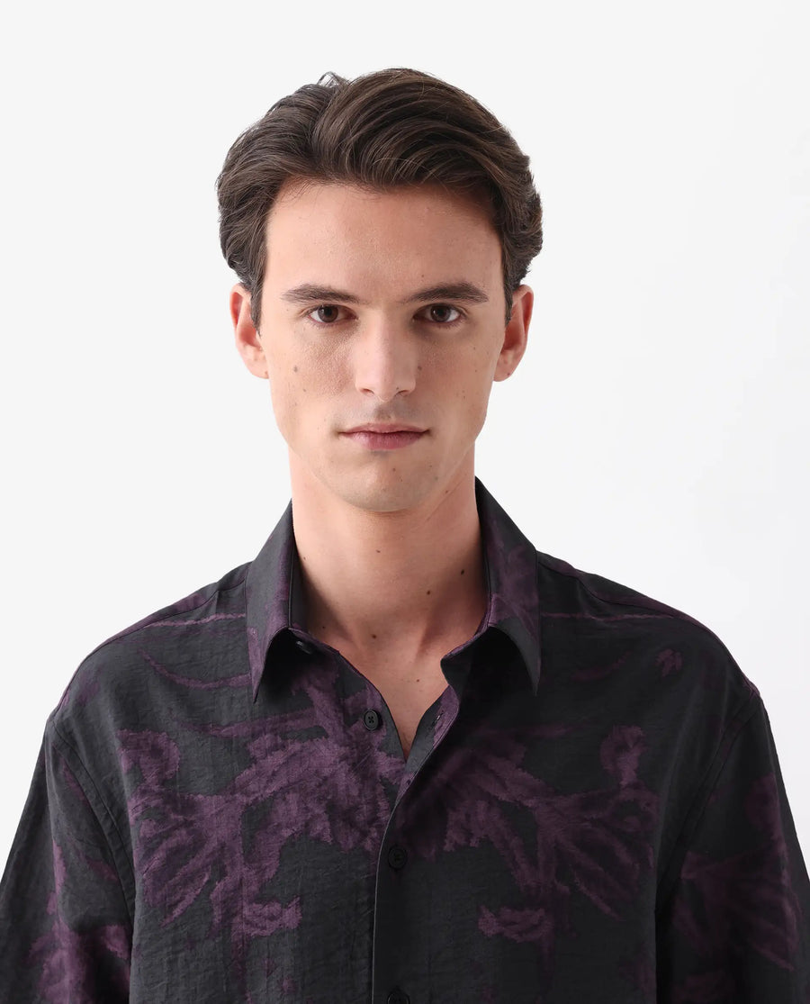 Rare Rabbit Men's Nao Black Cotton Blend Abstract Print Boxy Fit Half Sleeve Collared Shirt