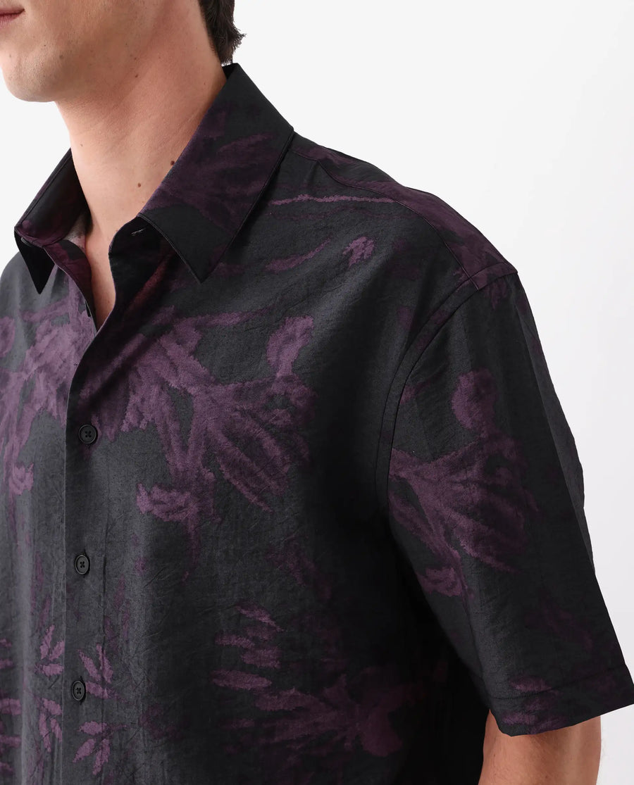 Rare Rabbit Men's Nao Black Cotton Blend Abstract Print Boxy Fit Half Sleeve Collared Shirt