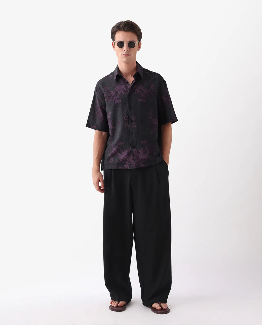Rare Rabbit Men's Nao Black Cotton Blend Abstract Print Boxy Fit Half Sleeve Collared Shirt