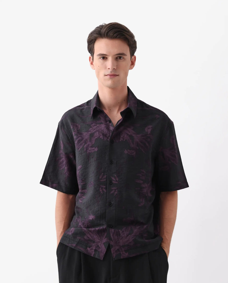 Rare Rabbit Men's Nao Black Cotton Blend Abstract Print Boxy Fit Half Sleeve Collared Shirt