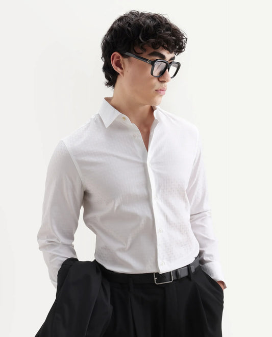 Rare Rabbit Men's Narb White Cotton Spread Collar Fit And Flare Jacquard Shirt
