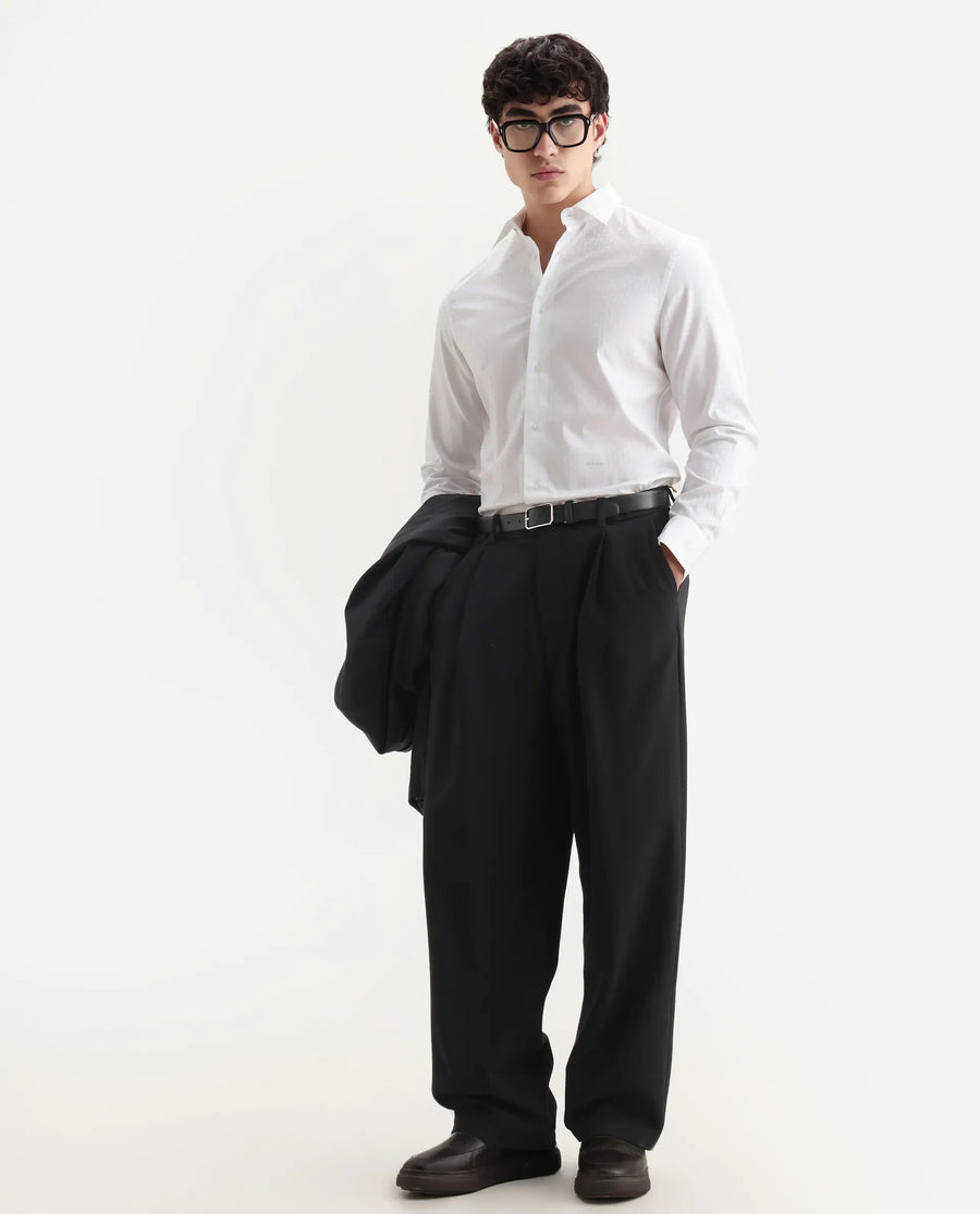 Rare Rabbit Men's Narb White Cotton Spread Collar Fit And Flare Jacquard Shirt